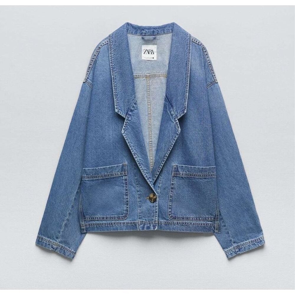 ZARA Blue Long Sleeve Lapel Collar Button Front Classic Denim Blazer Jacket XS